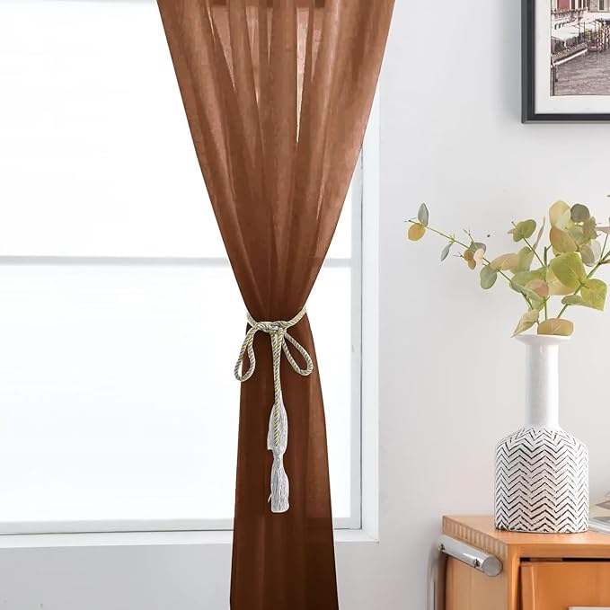 SpaceDresser Brown Sheer Curtains 4 Panels Rod Pocket Semi-Sheer Curtain 90 Inches Long Light Filtering Voile Window Drapes for Bedroom Living Room Kitchen, Each 52W x 90L