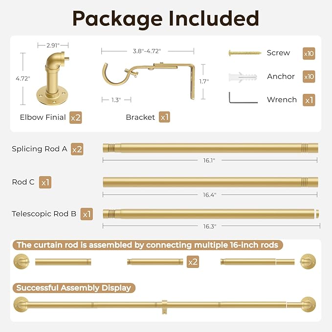 Zeerobee Curtain Rods for Windows 32 to 72, 1 Inch Industrial Wrap Around Gold Curtain Rod, Indoor/Outdoor Room Divider Adjustable Drapery Pole, 32"-72"