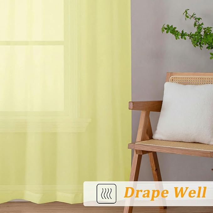 Gwine Short Kitchen Sheer Curtains 30 Inch Length - Light Filtering Voile Small Half Window Curtain for Basement, Rod Pocket Cafe Curtains for Bathroom Cabinet, 42Wx30L Inch, 2 Panels, Lemon