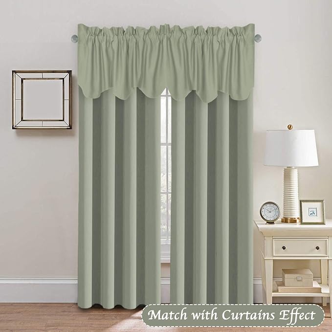 H.VERSAILTEX 4 Panels Blackout Curtain Valances for Kitchen Windows/Living Room/Bathroom Privacy Protection Rod Pocket Decoration Scalloped Window Valance Curtains, 52" W x 18" L, Light Sage