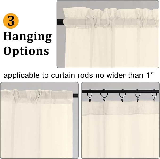 Gwine Cream Sheer Kitchen Curtains 36 Inch Length, Light Filtering Voile Soft Airy Small Cafe Curtains, Short Window Curtain for Bathroom Basement, 42x36 inch, 2PCS