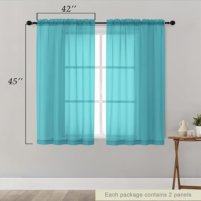 Turquoise Sheer Curtains for Bedroom Living Room 45 Inch Length 2 Panels, Soft Airy Light Filtering Small Kitchen Window Curtains, Rod Pocket Short Curtain Drapes, 42" Wx45 L Inches