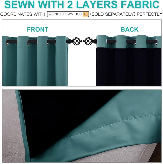 NICETOWN 100% Blackout Curtains 108 inches Long, Noise Reduction Window Treatment Curtains, Thermal Insulated Energy Smart Drapes Draperies for Apartment Decor, Sea Teal, Set of 2, 52 inches Wide