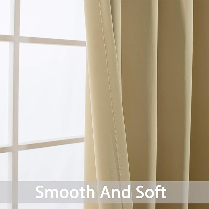 Yakamok Soft and Smooth Beige Curtains for Bedroom - Grommet Thermal Insulated Room Darkening Curtains for Living Room, Set of 2 Panels (38 x 54Inch, Beige)