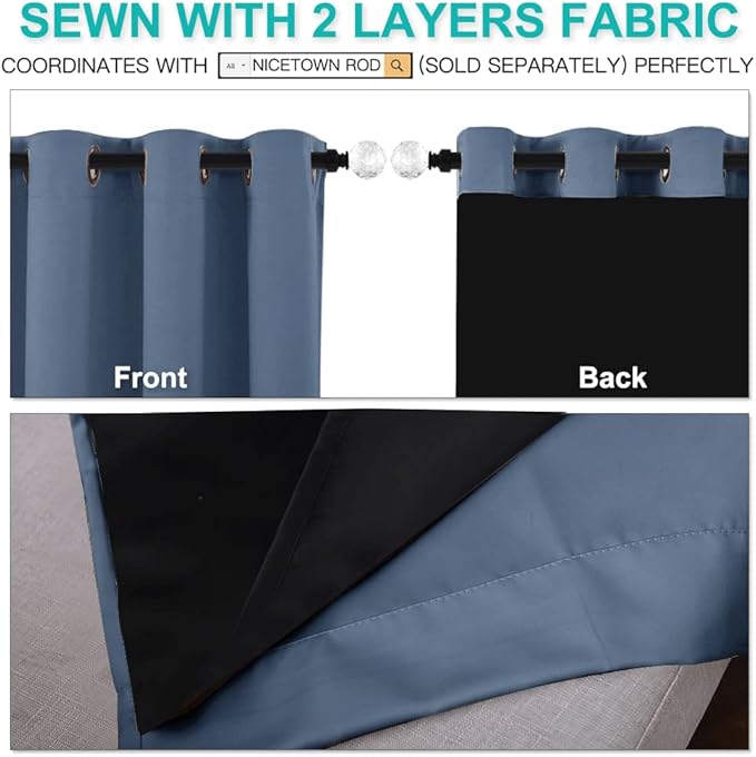 NICETOWN 100% Blackout Curtains 63 inches Long, Pair of Energy Smart & Noise Blocking Out Drapes for Baby Room Window, Thermal Insulated Guest Room Lined Window Dressing (Stone Blue, 62 inches Wide)