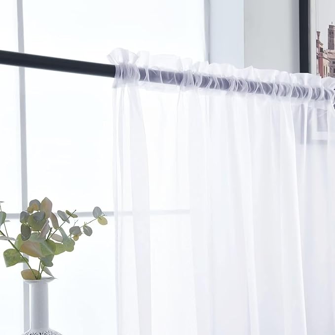 SpaceDresser Optical White Sheer Curtains 4 Panels Rod Pocket Semi-Sheer Curtain 45 Inches Long Light Filtering Voile Window Drapes for Bedroom Living Room Kitchen, Each 52W x 45L