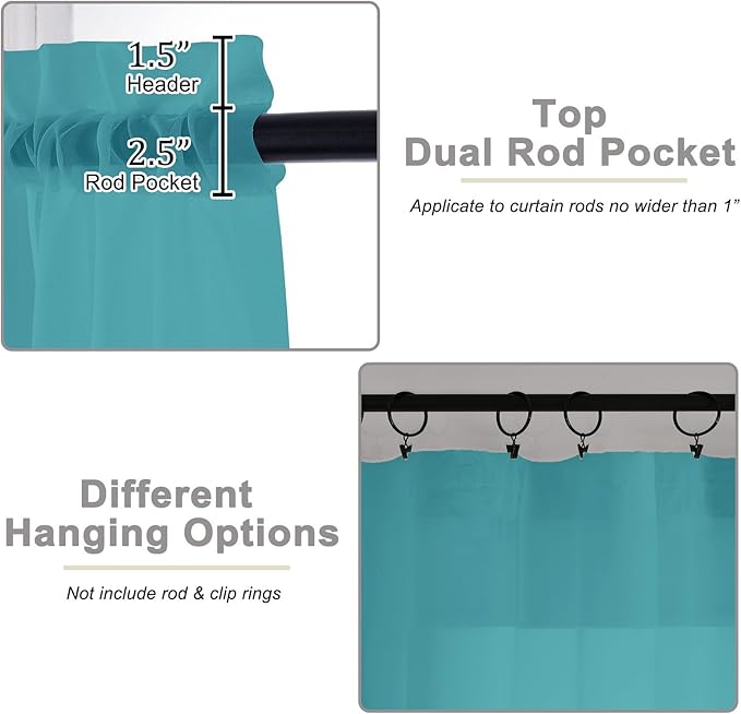 Turquoise Valances for Windows, Turquoise Sheer Curtains 14 Inch Length 2 Pack Kitchen Drapes, Modern Solid Mini Small Window Curtains for Cafe Bathroom Basement, Each 42" Wx14 L Inches