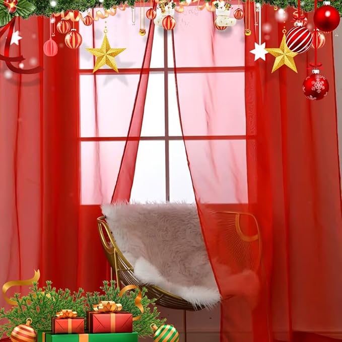 SpaceDresser Sheer Voile Window Treatment Rod Pocket Curtain Panels for Kitchen Bedroom Living Room Drapes Sunlight Filtering Privacy Semi Home Decor Assorted (Red, 52 W x 84 L)