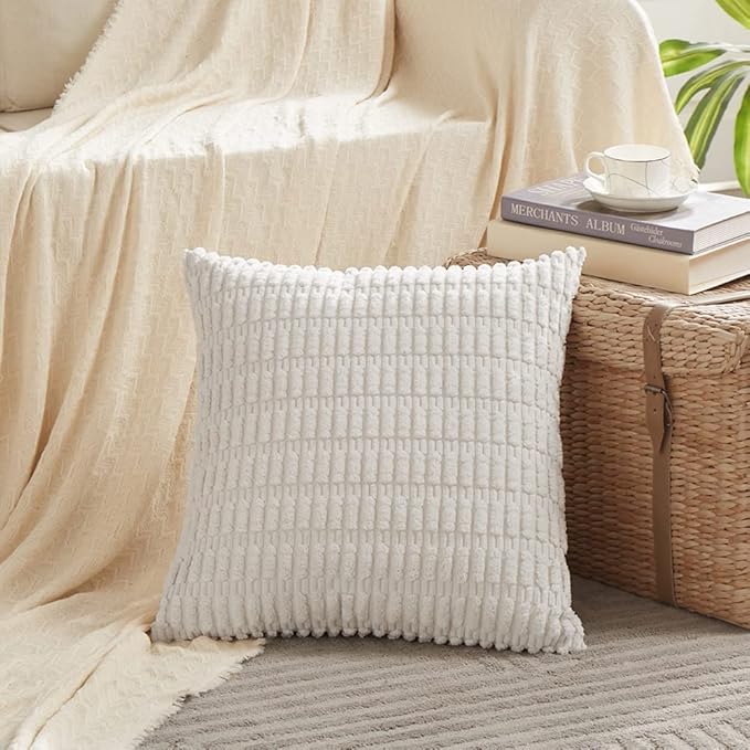Fancy Homi 4 Packs Pure White Decorative Throw Pillow Covers 20x20 Inch for Living Room Couch Bed Sofa, Modern Farmhouse Boho Home Decor, Soft Plush Corduroy Square Cute Accent Cushion Case 50x50 cm