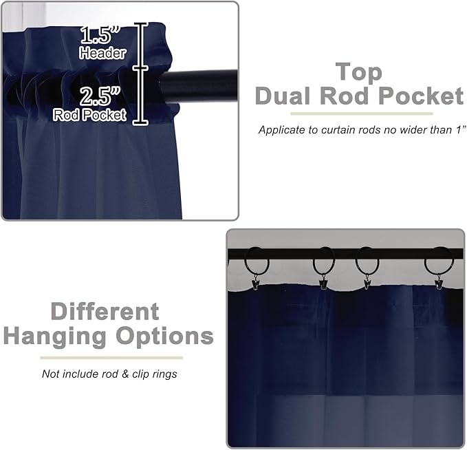Cafe Curtains 36 Inch Length Tier 2 Pieces, Modern Soft Airy Sheer Kitchen Short Curtains for Small Window, Rod Pocket Small Curtain for Bathroom Basement, Navy Blue, Each, 42"Wx36"L Inches