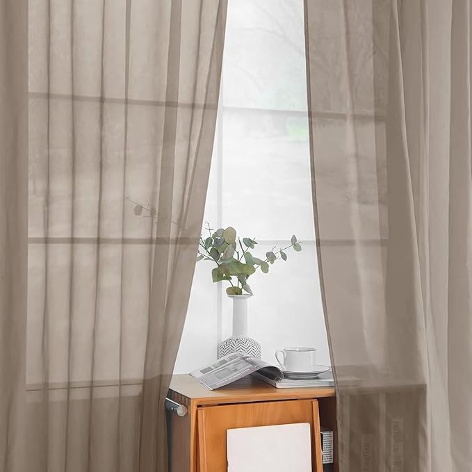 youleyar Solid Sheer Rod Pocket Curtain Voile Draperies 2 Panels White Beige Black Grey Ivory 52 Inch Width 63 Inch Long 1 Pair for Kitchen Bedroom Children Living Room Yard (Taupe,52Wｘ63L)