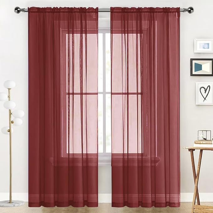 SpaceDresser Sheer Voile Window Treatment Rod Pocket Curtain Panels for Kitchen Bedroom Living Room Drapes Sunlight Filtering Privacy Semi Home Decor Assorted Colors Sizes (Burgundy, 52 W x 54 L)