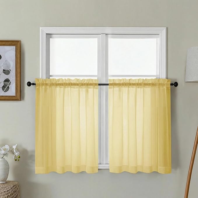Gwine Short Kitchen Sheer Curtains 30 Inch Length - Light Filtering Voile Small Half Window Curtain for Basement, Rod Pocket Cafe Curtains for Bathroom Cabinet, 42Wx30L Inch, 2 Panels, Yellow