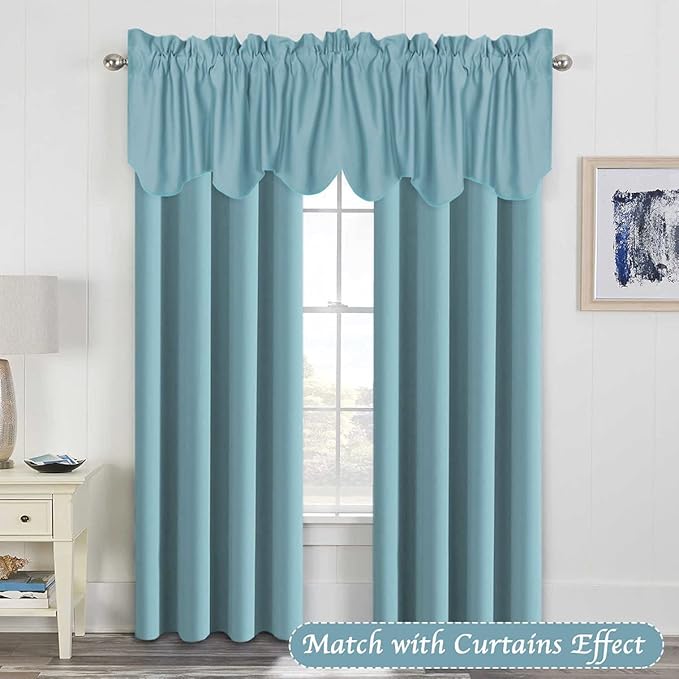 H.VERSAILTEX 4 Panels Blackout Curtain Valances for Kitchen Windows/Living Room/Bathroom Privacy Protection Rod Pocket Decoration Scalloped Window Valance Curtains, 52" W x 18" L, Aqua