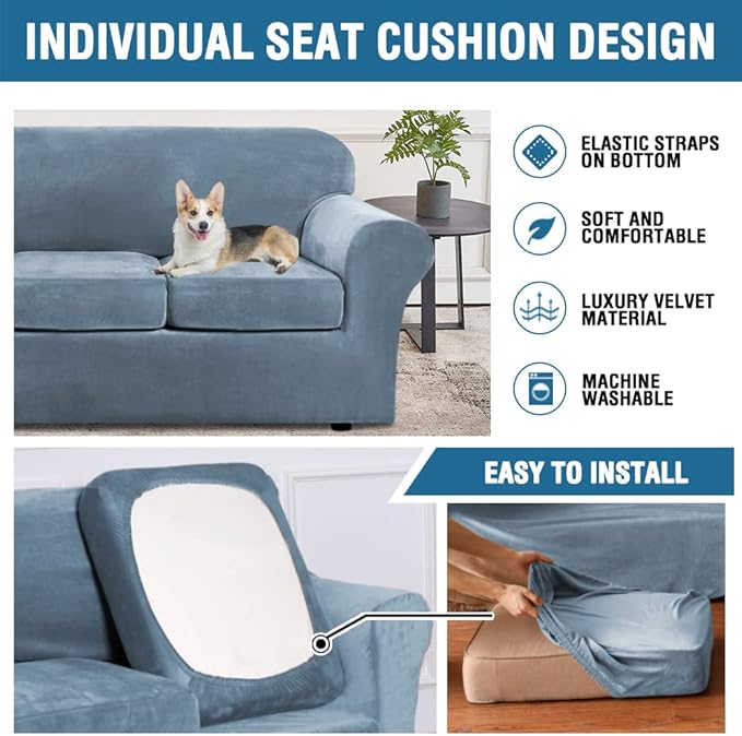 H.VERSAILTEX Velvet 4 Piece High Stretch Sofa Slipcover Cover Furniture Protector Form Fit Luxury Thick Velvet Extra Large Sofa Cover for 3 Cushion Couch Width Up to 105 Inch(XL Sofa, Stone Blue)