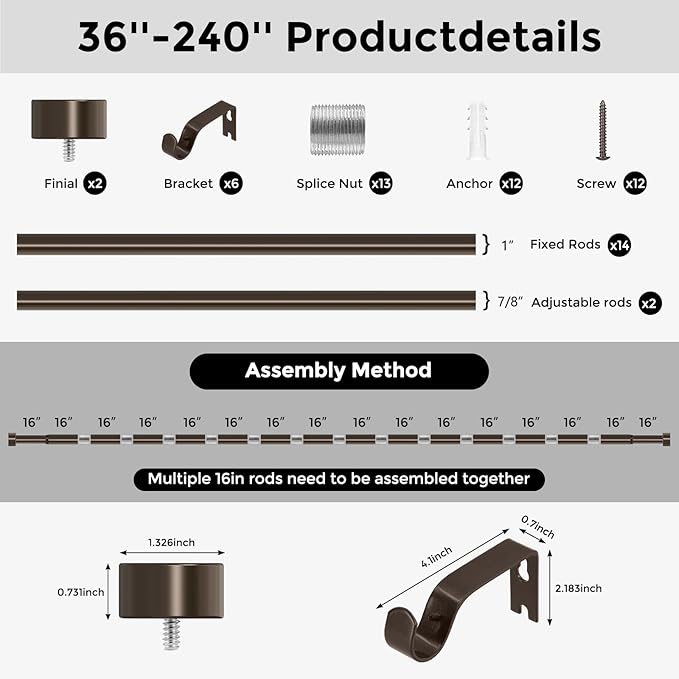 Bronze Curtain Rods for Windows 36 to 240 Inch(3-20 Feet),1" Diameter Rods with Modern Style End Cap Finials,Size:36-240 Inch