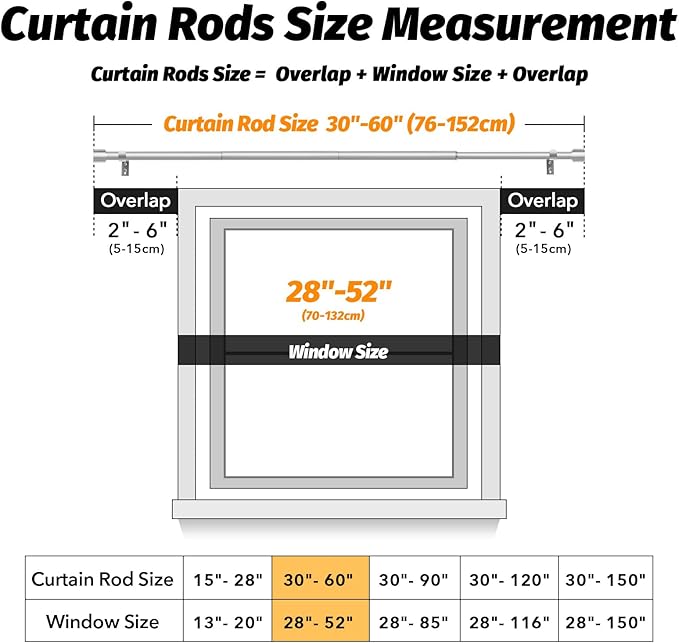 GEEBOBO Silver Curtain Rods for Windows 28 to 48 Inch, 1 Inch Adjustable Heavy Duty Easy Install Curtain Rods Set for Outdoor, Patio, Farmhouse, Bedroom, Living Room (Silver, 30"-60")