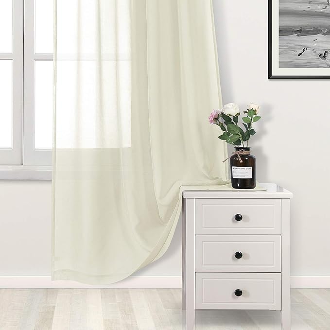 DWCN Ivory Sheer Curtains Semi Transparent Voile Rod Pocket Curtains for Bedroom and Living Room, 52 x 54 inches Long, Set of 2 Panels