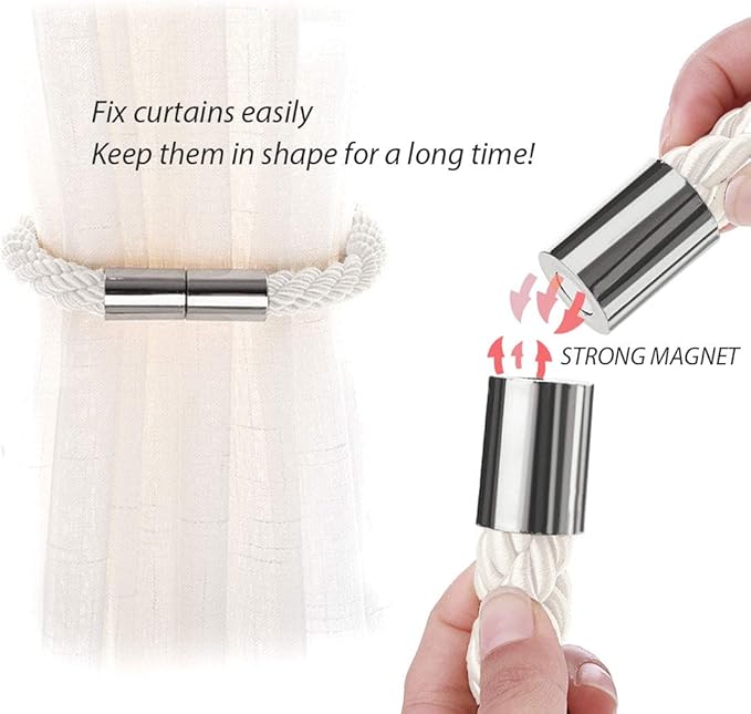 NICEEC 4 Pack Strong Magnetic Curtain Tiebacks Modern Simple Style Drape Tie Backs Convenient Decorative Weave Rope Curtain Holdbacks for Thin or Thick Home & Office Window Draperies (Cream)
