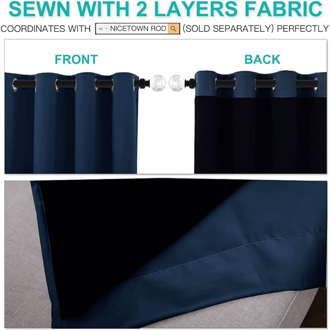 NICETOWN 100% Blackout Curtain Panels, Thermal Insulated Black Liner Curtains for Nursery Room, Noise Reducing and Cold Blocking Drapes for Windows (Navy Blue, Set of 2, 62-inch Wide by 63-inch Long)