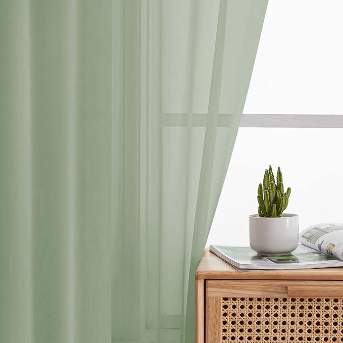 Extra Long Sheer Sage Green Curtains for Bedroom Living Room 108 Inches Long 2 Panels Set, Solid Soft Light Filtering Rod Pocket Sheer Window Curtains, Sage Green, Each 42" Wx108 L Inch
