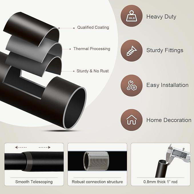 Lootkell 2 Pack Modern Black Curtain Rods Set for Windows 66 to 120 Inches Adjustable Length Heavy Duty 1" Diameter Window Curtain Rod with Decorative Finials for Outdoor Bedroom Kitchen Living Room
