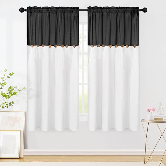 FRAMICS Farmhouse Cotton Linen Curtains, Boho Button Panels, 52"W x 63"L, Black, 2 Panels