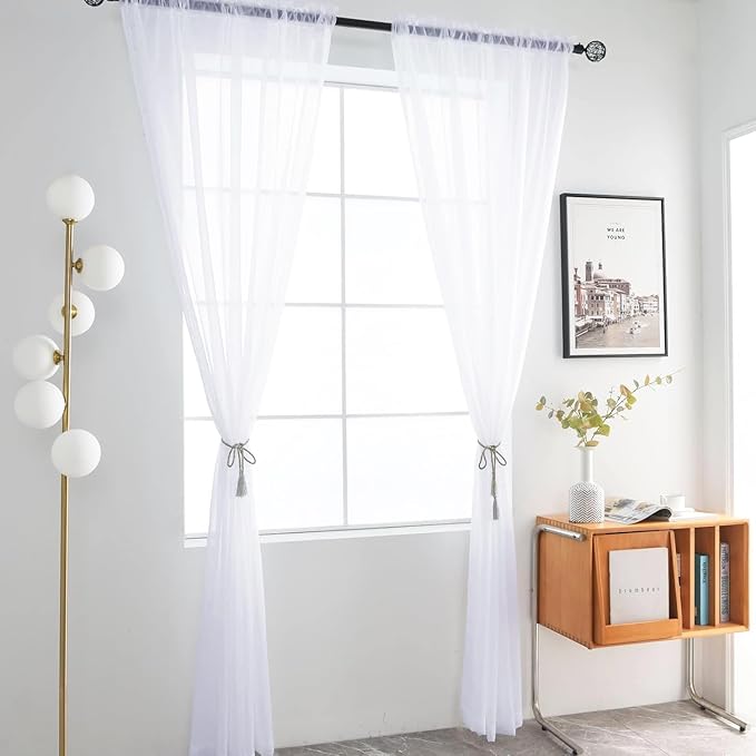 SpaceDresser Sheer Voile Window Treatment Rod Pocket Curtain Panels for Kitchen Bedroom Living Room Drapes Sunlight Filtering Privacy Semi Home Decor Assorted Colors Sizes (Optical White, 52 W x 45 L)