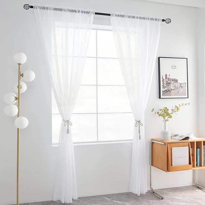 youleyar Solid Sheer Rod Pocket Curtain Voile Draperies 4 Panels White Beige Black Grey Ivory 52 Inch Width 54 Inch Long 1 Pair for Kitchen Bedroom Children Living Room Yard(White,52 Wｘ54 L)