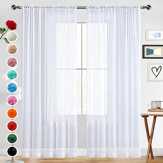 SpaceDresser Basic Rod Pocket Sheer Voile Window Curtain Panels White 1 Pair 2 Panels 38 Width 84 Inch Long for Kitchen Bedroom Children Living Room Yard(White,38 W x 84 L)
