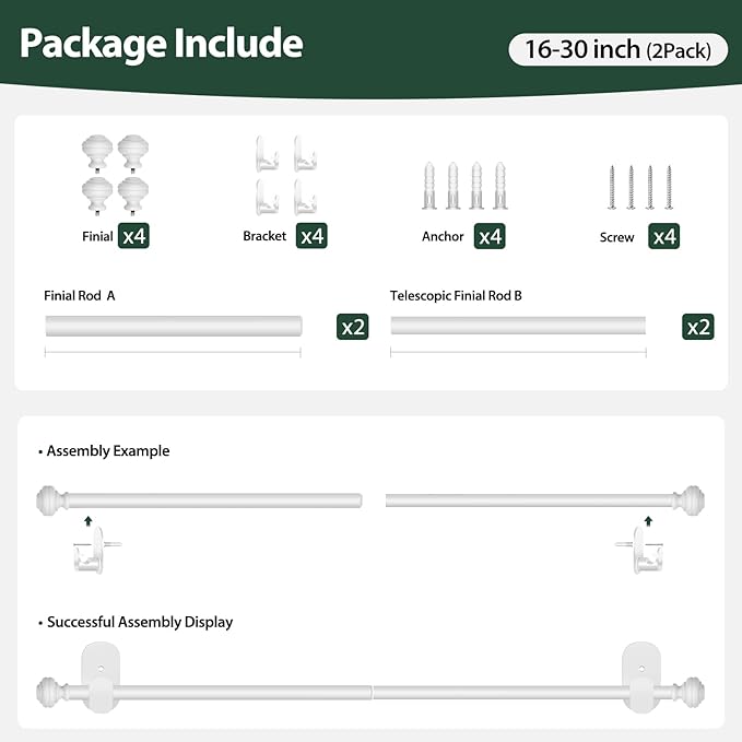 KAMANINA Curtain Rods No Drilling for Windows 16 to 30 Inches, 5/8 Inch Small Curtain Rod 2 Pack for Door Screwless with Adhesive Brackets without Drilling, White