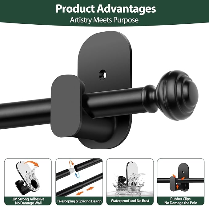 KAMANINA No Drill Curtain Rods for Windows 32 to 58 Inches, 5/8 Inch Renter Friendly Curain Rod Adjustable Drapery Rod with 3M Adhesive Brackets without Drilling, Black