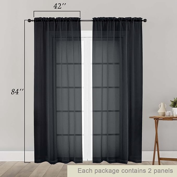 Black Sheer Curtains 84 Inches Long 2 Panels, Soft Airy Light Filtering Curtains for Bedroom Living Room, Modern Rod Pocket Privacy Drapes Window Treatments, Black, Total Wide 84 Inch
