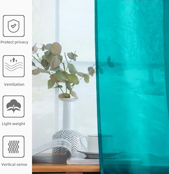 youleyar Solid Sheer Rod Pocket Curtain Voile Draperies 2 Panels White Beige Black Grey Coffee 52 Inch Width 108 Inch Long 1 Pair for Kitchen Bedroom Children Living Room Yard (Peacock Blue,52Wｘ108L)