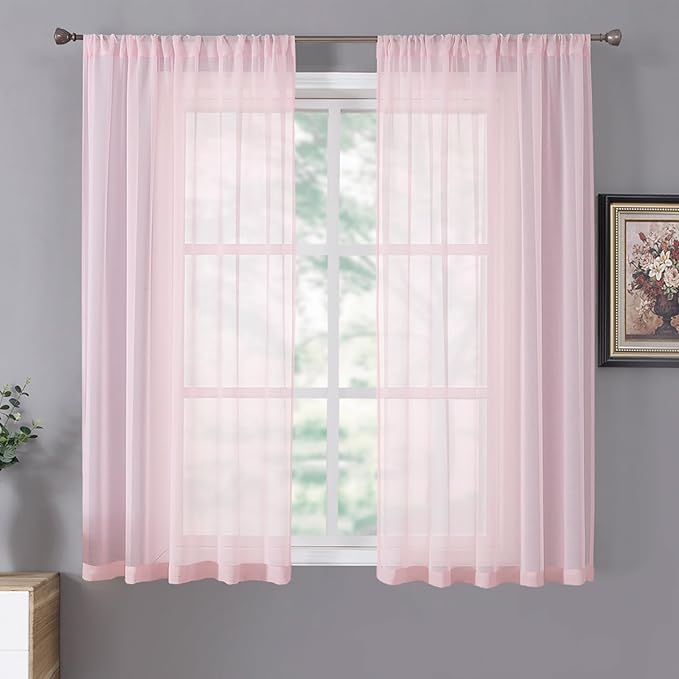 Tollpiz Short Sheer Curtains Linen Textured Living Room Curtain Sheers Light Filtering Rod Pocket Voile Curtains for Bedroom, 42 x 45 inches Long, Pink, Set of 2 Panels
