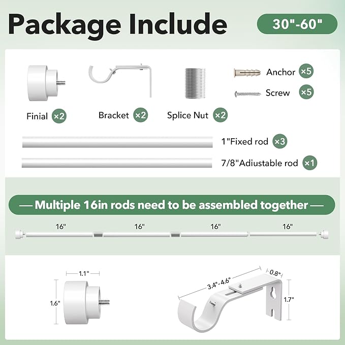 IFELS Heavy Duty Curtain Rods for Windows 28 to 48 Inch, 1 Inch Adjustable White Curtain Rod Set with Easy Installation and Modern Design (A1,White,30-60")