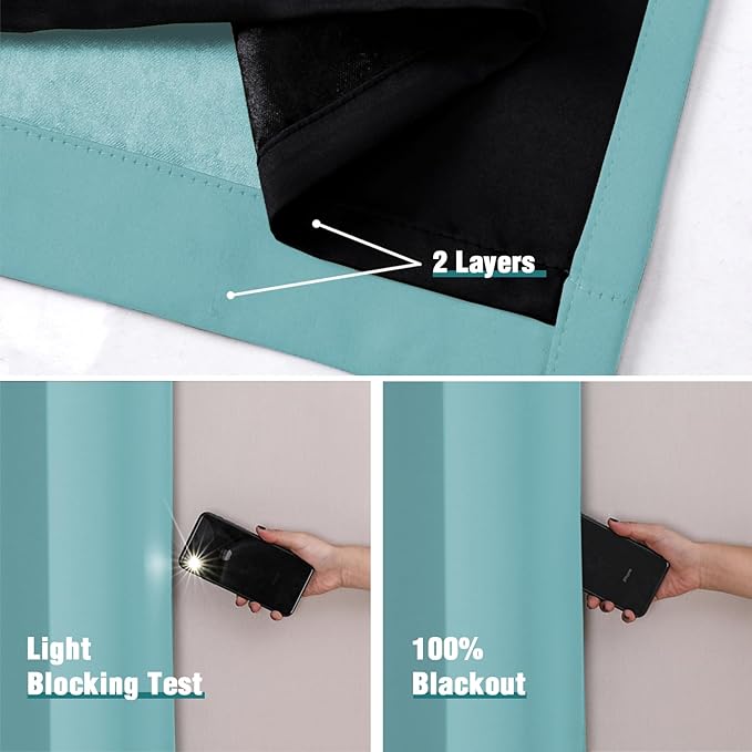 ChrisDowa 100% Blackout Curtains 63 inch Long for Bedroom with Black Liner, 2 Thick Layers Total Blackout Thermal Insulated Grommet Window Curtains 2 Panels Set (Aqua, 38 x 63 Inch)