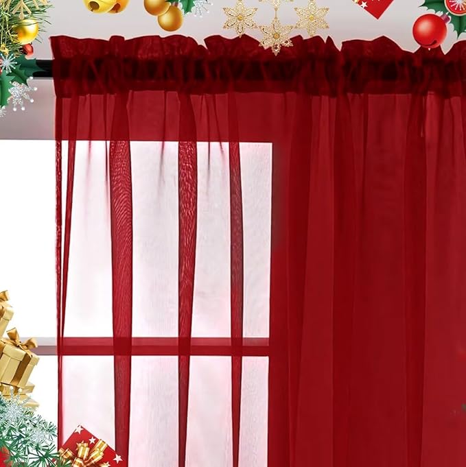 SpaceDresser Sheer Voile Window Treatment Rod Pocket Curtain Panels for Kitchen Bedroom Living Room Drapes Sunlight Filtering Privacy Semi Home Decor Assorted Colors Sizes (Christmas Red, 52 W x 72 L)