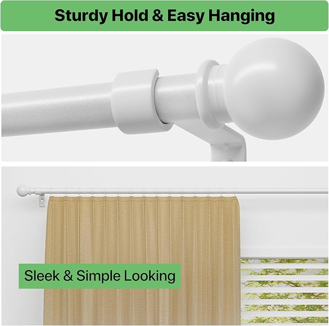 White Curtain Rods for Windows 28 to 60 inch, Adjustable Curtain Rod Set with Brackets Easy Install, Decorative Slender 5/8 Diameter Drapery Rod, Heavy Duty Drape Pole for Living Room, Bedroom