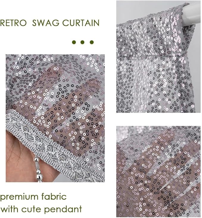 Molaxhome Swag Curtain 51 inch Length Rod Pocket Scalloped Curtain Valance Sheer Lace Panels with Hanging Crystal Beads for Kitchen Bedroom Window Treatments Drape Decor 1pc (Sequin Silver, 51Wx23L)