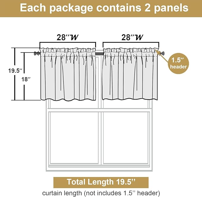 Lecloud Leia Black Sheer Kitchen Curtains 18 Inch Length 2 Pcs, Jacquard Leaf Textured Voile Valances for Windows, Dual Rod Pocket Cafe Curtains for Bathroom Basement, Each Panel 28" W x 18" L