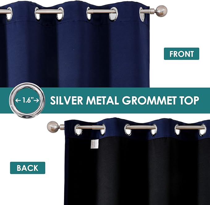 ChrisDowa 100% Blackout Curtains for Bedroom with Black Liner, 2 Thick Layers Total Blackout Thermal Insulated Grommet Long Window Curtains 2 Panels Set (Navy Blue, 52 x 95 Inch)