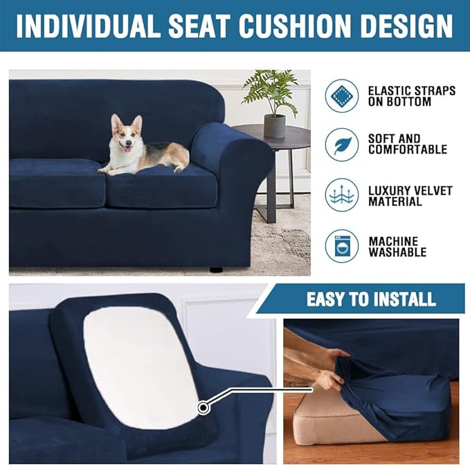 H.VERSAILTEX Rich Velvet Stretch 2 Piece Cover Chair Slipcover Sofa Cover Furniture Protector Couch Soft with Elastic Bottom Chair Couch Cover with Arms Width Up to 49 Inch(Chair,Navy)