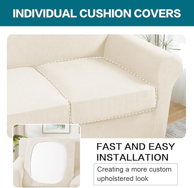Turquoize 4 Piece Sofa Covers for 3 Cushion Couch Sofa Slipcover Soft Couch Cover for Dogs-Washable Furniture Cover with 3 Individual Covers (3 Cushion Sofa, Cream)