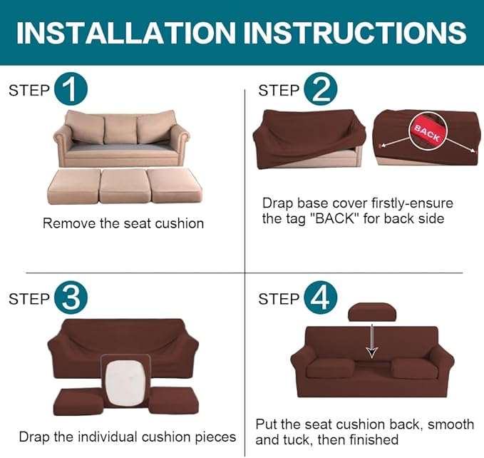 Turquoize 4 Piece Sofa Covers for 3 Cushion Couch Sofa Slipcover Soft Couch Cover for Dogs Washable Furniture Cover with 3 Individual Large Cushion Covers Feature Fabric (Large Sofa, Burnt Brick)