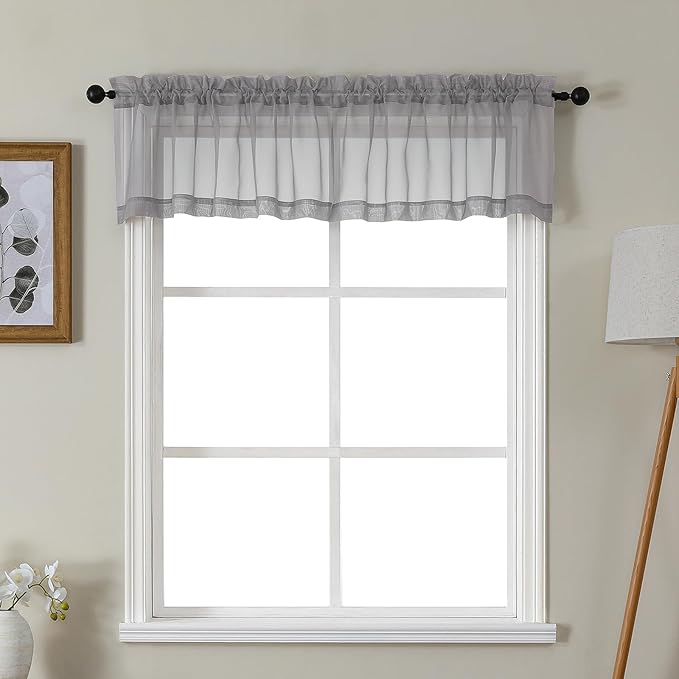 Gwine Charcoal Grey Valances for Windows, Small Light Filtering Rod Pocket Cafe Valance Curtains, Soft Sheer Curtain for Bathroom Laundry Basement, 42Wx14L inch, 2 Pieces