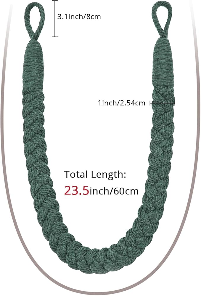 NICEEC 4 Pack Natural Cotton Rope Curtain Tiebacks Elegant Boho Style Decorative Drape Tie Backs Soft Hand-Woven Rope Curtain Holdbacks with Metal Hook for Home & Office Drapery (Dark Green)