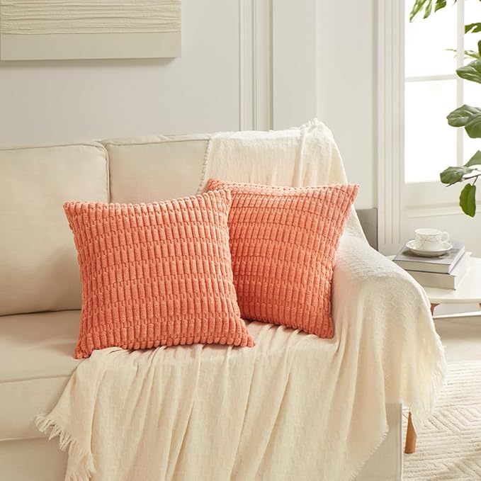 Fancy Homi 4 Packs Boho Coral Decorative Throw Pillow Covers 14x14 Inch for Living Room Couch Bed Sofa, Rustic Modern Farmhouse Home Decor, Soft Plush Corduroy Peach Cute Square Cushion Case 35x35 cm