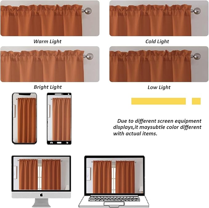 Chyhomenyc Orange Valance for Windows, Light Filtering Faux Linen Textured Small Short Valance for Kitchen Bathroom Laundry Basement, Solid Rod Pocket Top Window Curtain, 60Wx14L inch, 1 Piece