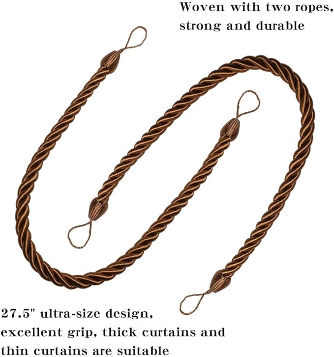 BEL AVENIR Curtain Ropes Tiebacks Tie-Backs, Curtain Handmade Holdbacks with 2 Metal Screw Hooks (Coffee, 2pack)